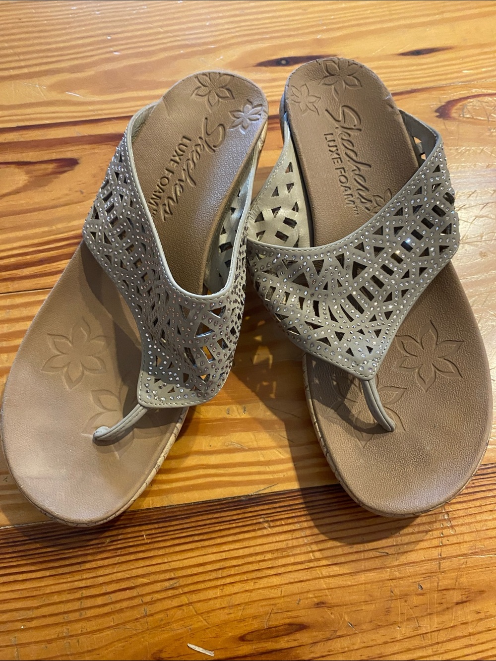Skechers Taupe Laser-Cut Thong Sandals with Cushioned Footbed